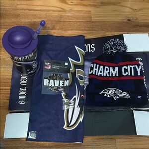 Baltimore Ravens Fan Set with Tumbler, Towel, Decal, Pin and Beanie